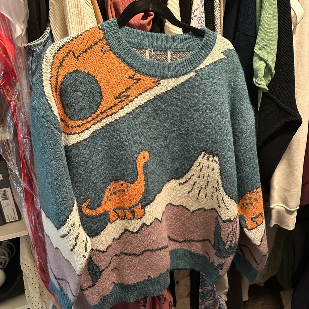 Dinosaur Graphic Sweater in Teal and Orange